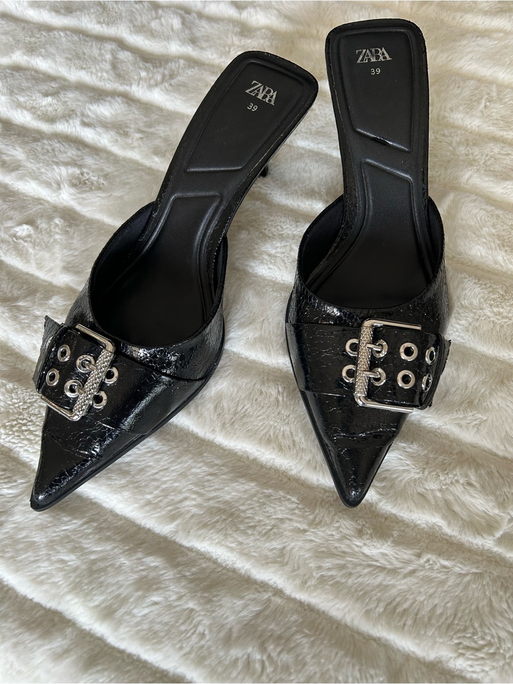 Zara Black Patent Pointed Buckle Mules